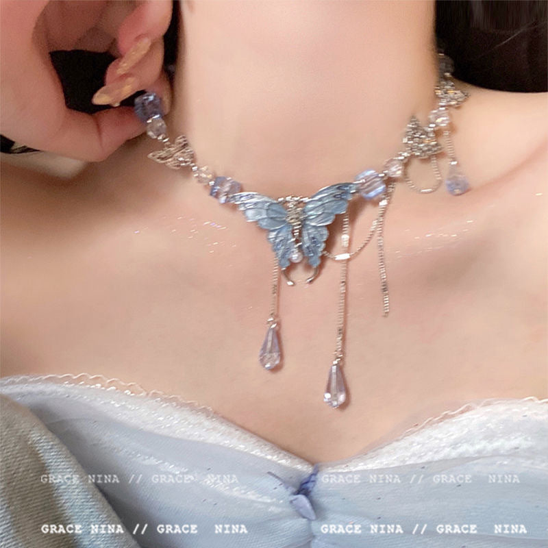 Crushed Ice Blue Butterfly Necklace