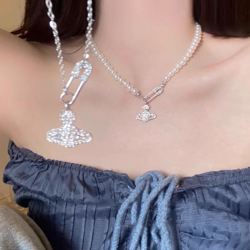 Saturn pearl necklace female planet pendant simple niche necklace