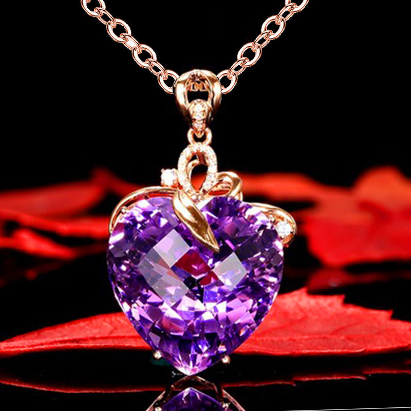 Fashion Women's Heart Shaped Amethyst Gemstone Pendant Necklace