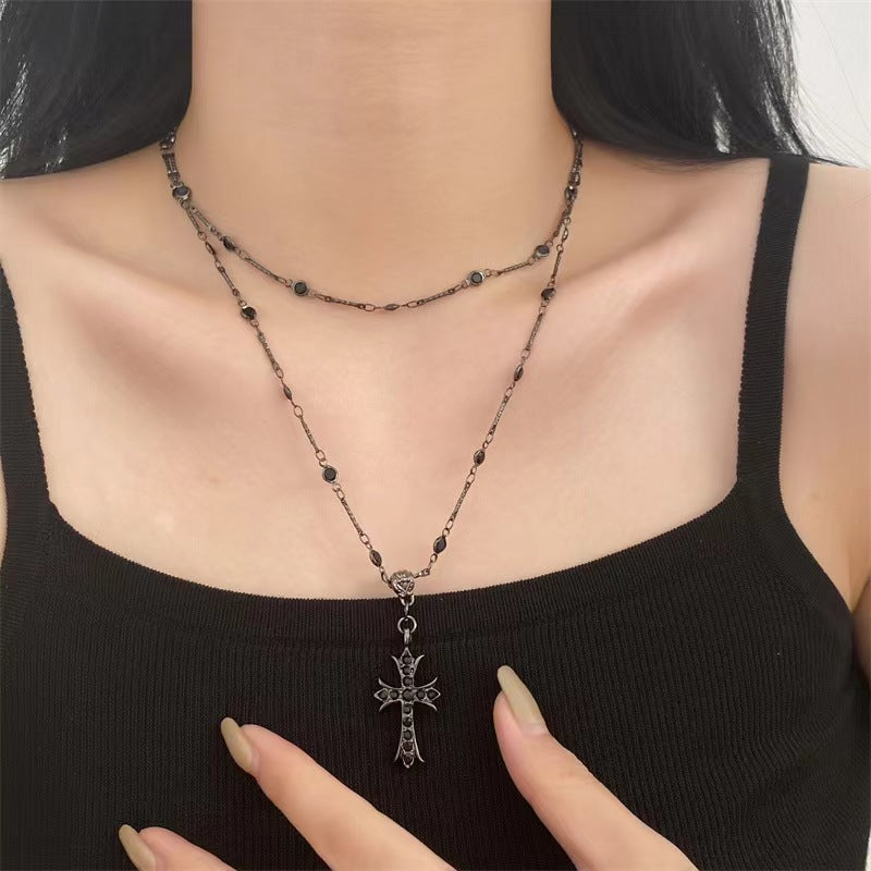 Dark Zirconia Cross Beaded Necklace