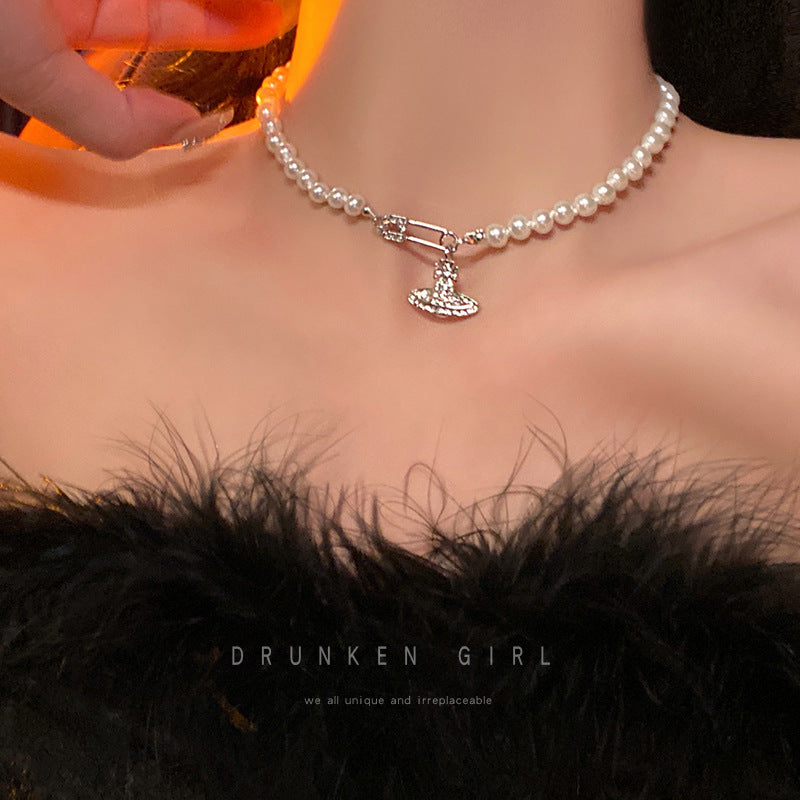 Saturn pearl necklace female planet pendant simple niche necklace