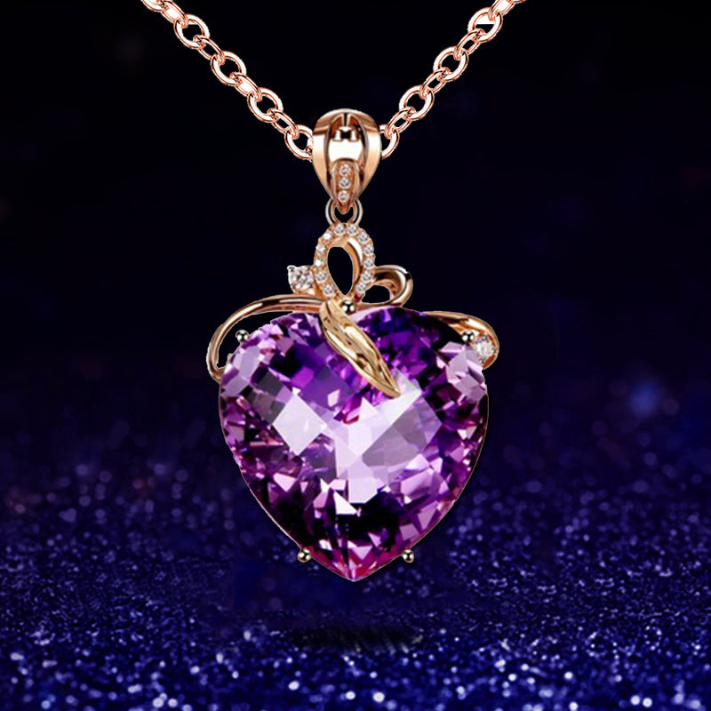 Fashion Women's Heart Shaped Amethyst Gemstone Pendant Necklace