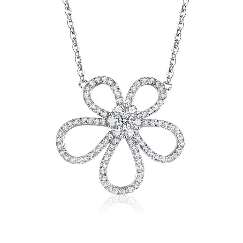 Titanium steel necklace long full diamond five-petal flower pendant