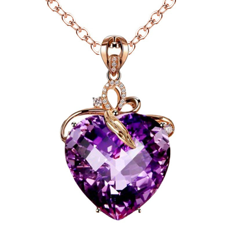 Fashion Women's Heart Shaped Amethyst Gemstone Pendant Necklace