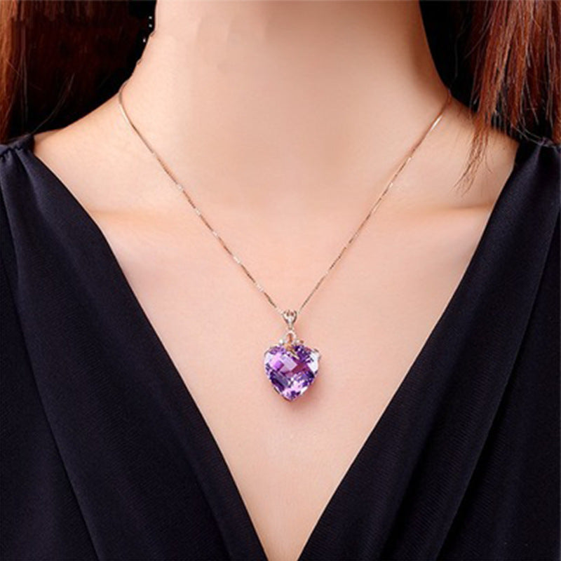 Fashion Women's Heart Shaped Amethyst Gemstone Pendant Necklace