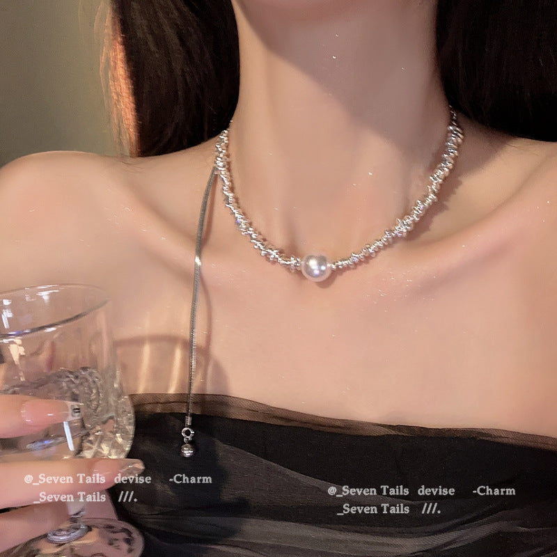 High-grade black gallstone and silver pearl necklace