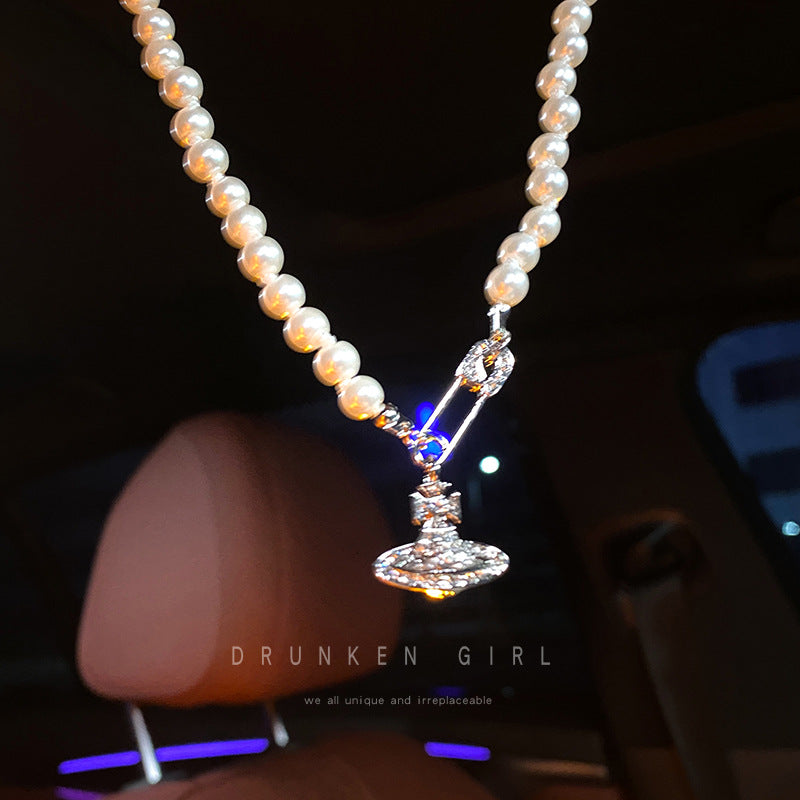 Saturn pearl necklace female planet pendant simple niche necklace